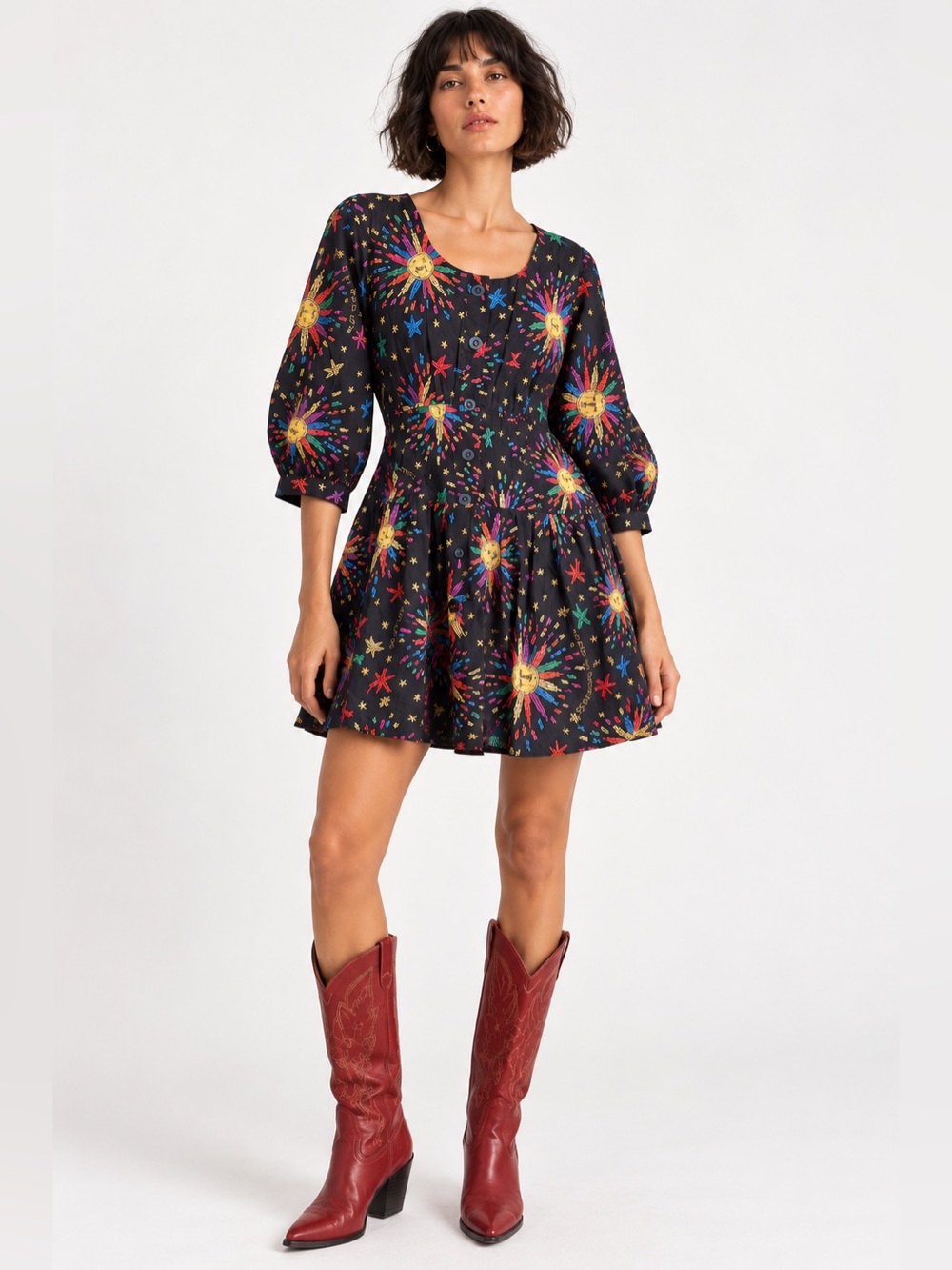 NWOT FARM Rio black rainbow sun mini dress